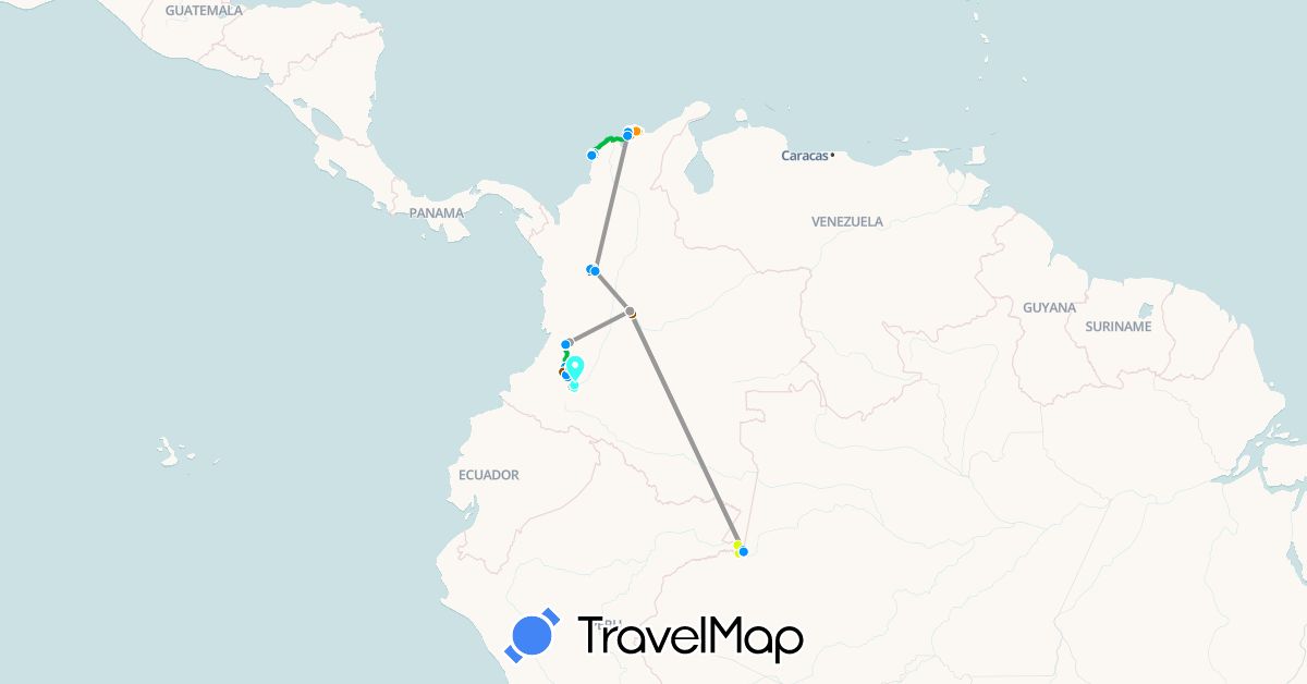 TravelMap itinerary: driving, bus, plane, train, hiking, taxi, walking, moto taxi, horseback riding, boat, aerial tram, truck in Brazil, Colombia, Peru (South America)